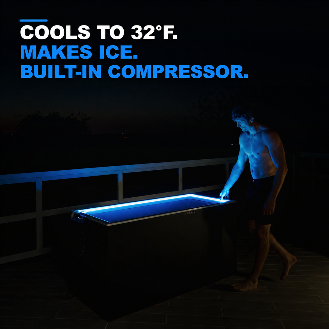 Fire Cold Plunge reaches 32°F, makes ice, and uses a built-in compressor.
