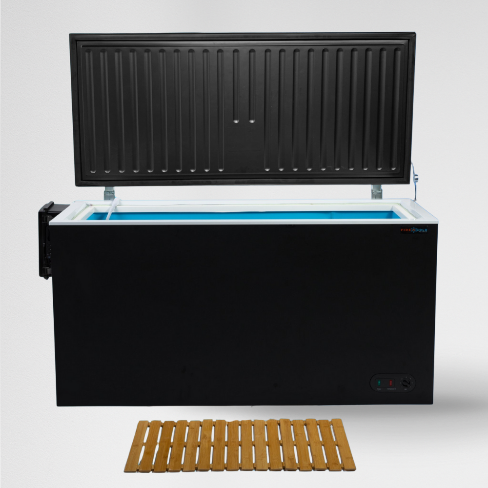 Fire Cold Plunge with black exterior and open hard-top lid