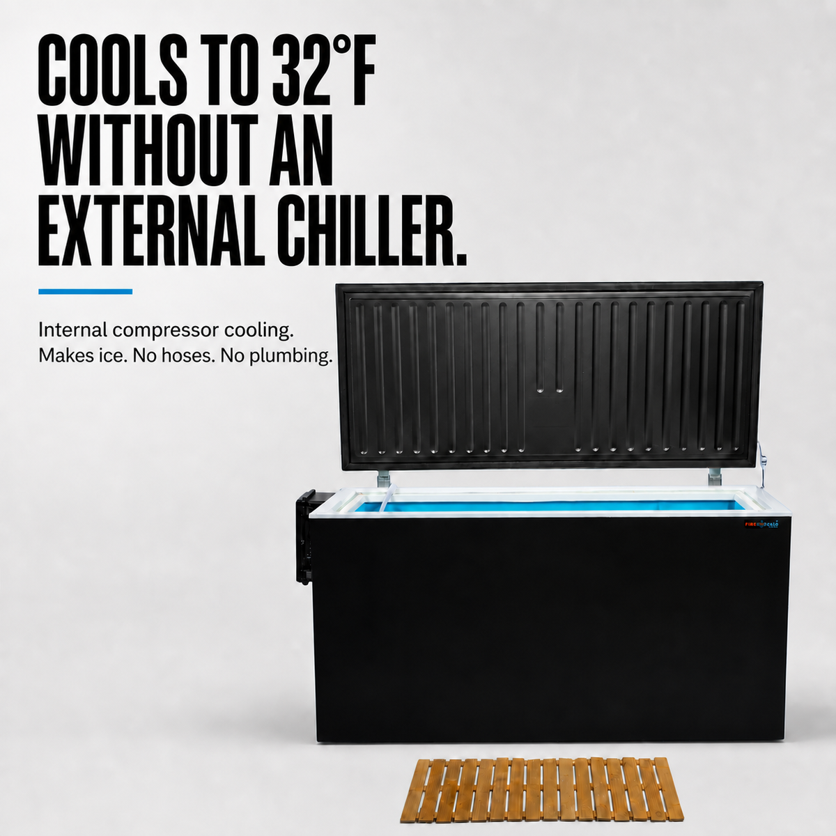 Fire Cold Plunge reaches 32°F and makes ice with internal compressor cooling and no external chiller.