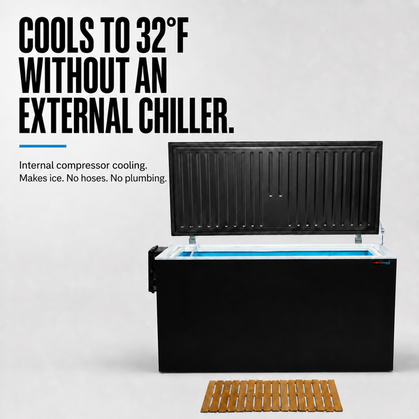 Fire Cold Plunge reaches 32°F and makes ice with internal compressor cooling and no external chiller.