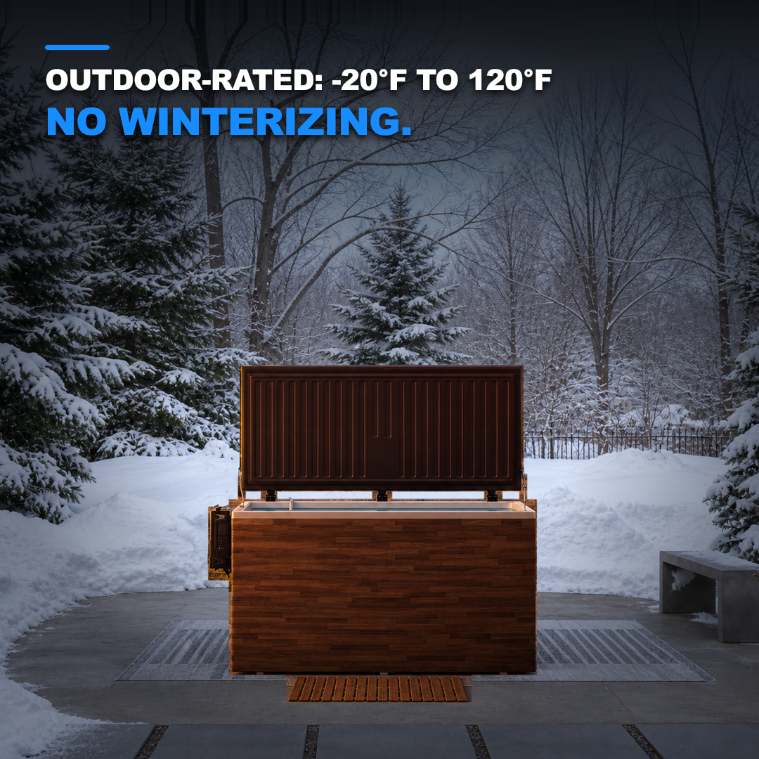 Fire Cold Plunge installed outdoors in snow, rated from -20°F to 120°F with no winterizing required