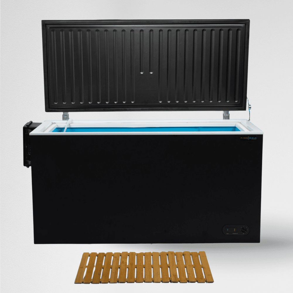 Black Fire Cold Plunge All-In-One Commercial with its hardtop lid open, shown against a light background