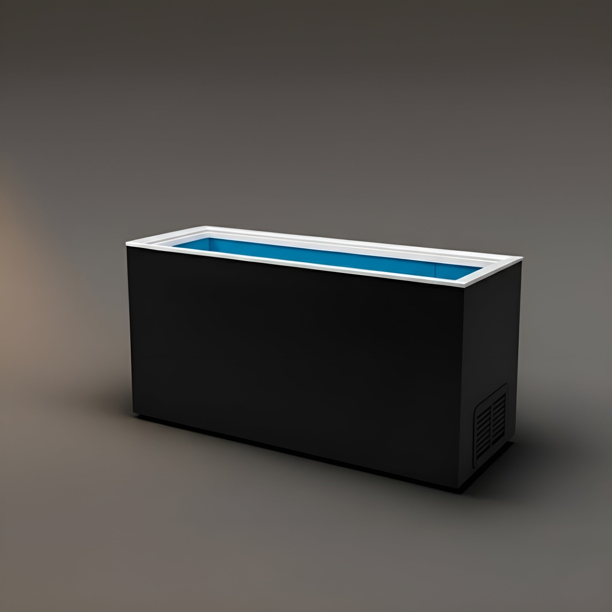 Matte Black Designed Fire Cold Plunge with out top lid with Ice Blue interior  