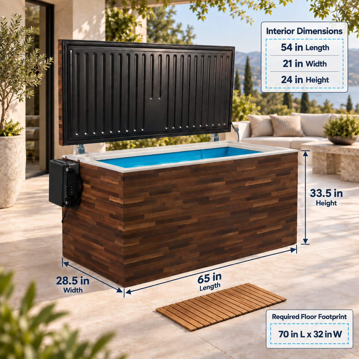 Fire Cold Plunge dimensions: interior 54 inches long × 21 inches wide × 24 inches high; exterior 65 inches long × 28.5 inches wide × 33.5 inches high. Residential and commercial models.